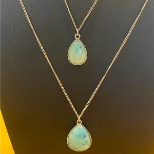 Set of 2 Turquoise crystal teardrop necklaces. Silver chain.